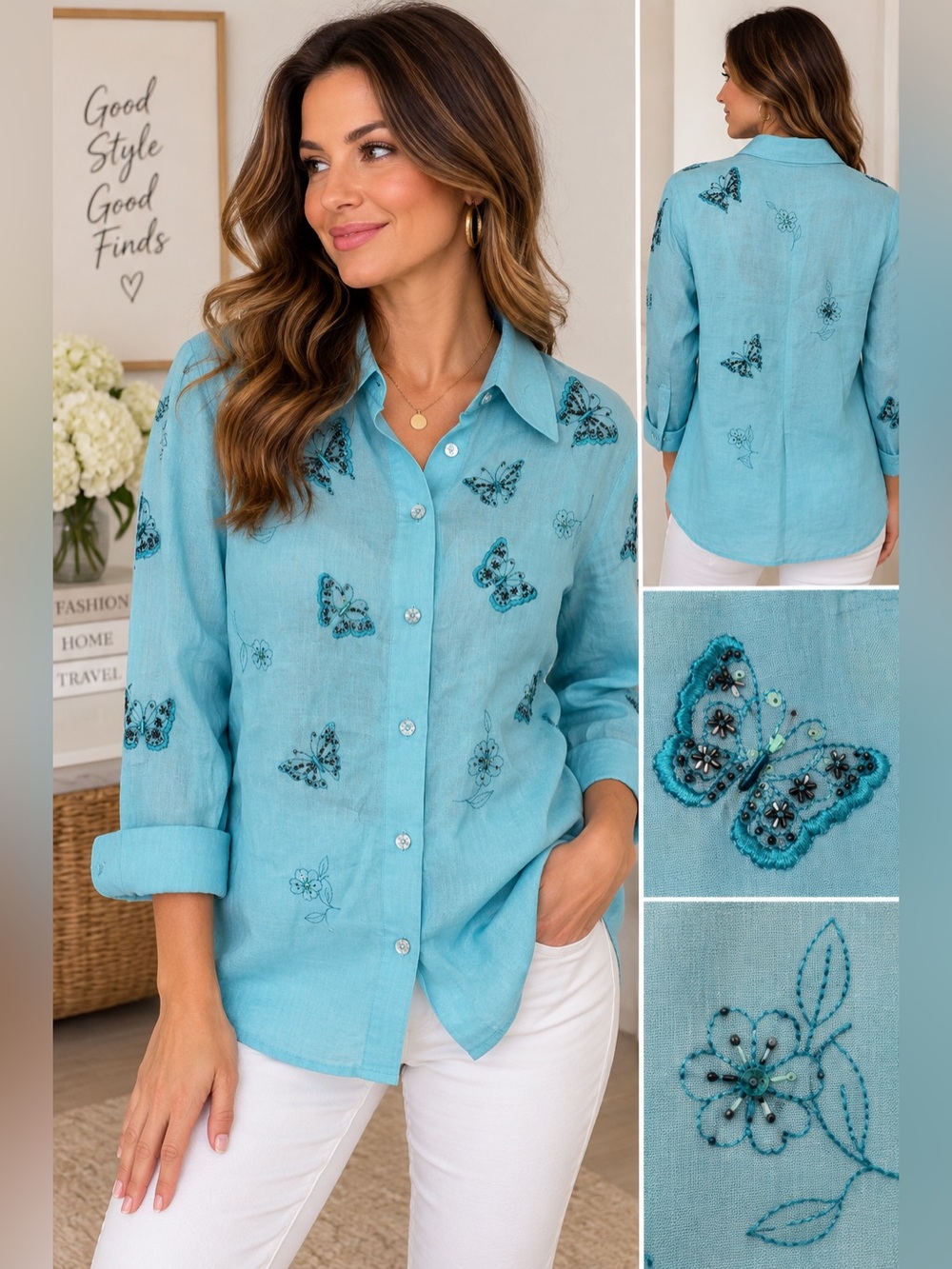 Vintage Quacker Factory Butterfly Beaded Embroidered Ramie Shirt Large Y2K